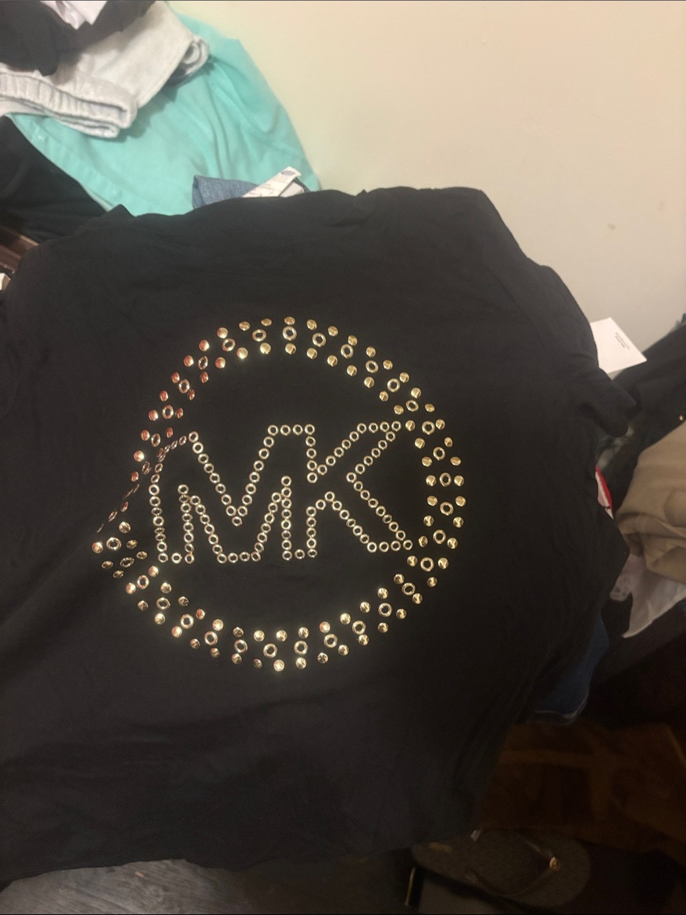 Michael Kors Black Tee with Gold Studded MK Logo